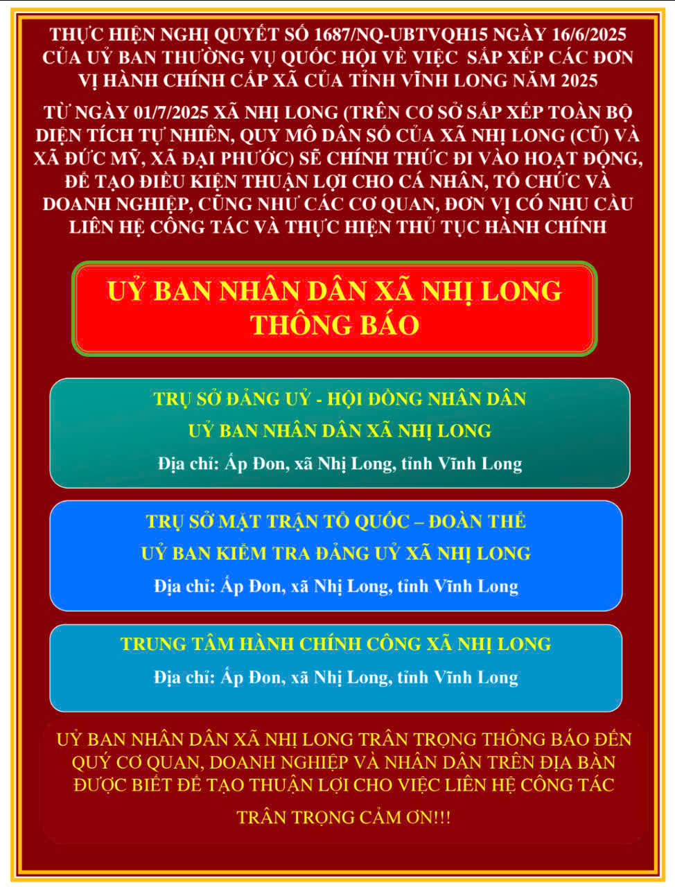 Thông báo Trụ sở làm việc UBND xã Nhị Long, tỉnh Vĩnh Long